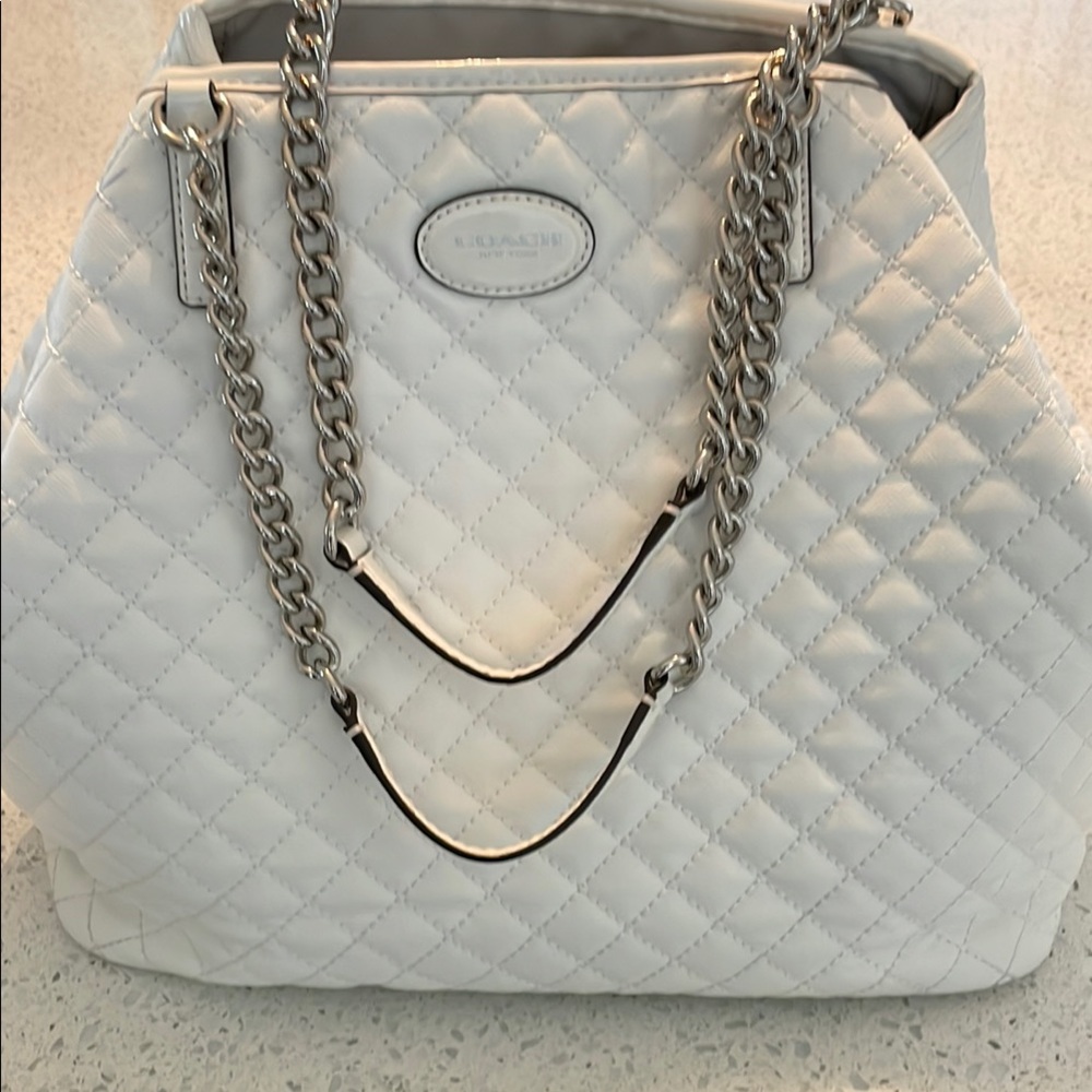 Coach White Quilted Shoulder Bag with Silver Chain